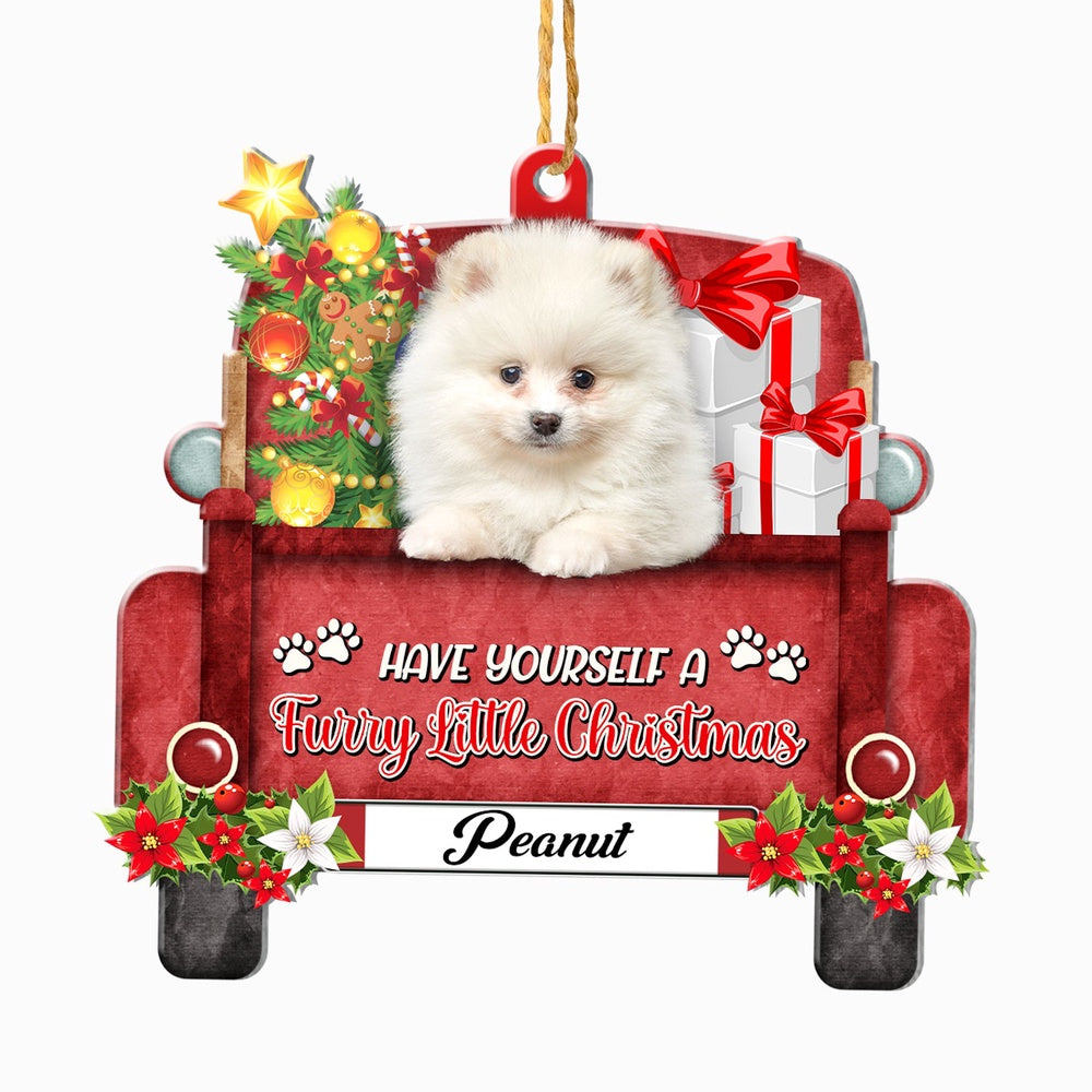 Christmas Dog Ornament, Personalized White Pomeranian Red Truck Christmas Ornament, New Dog Christmas Ornament
