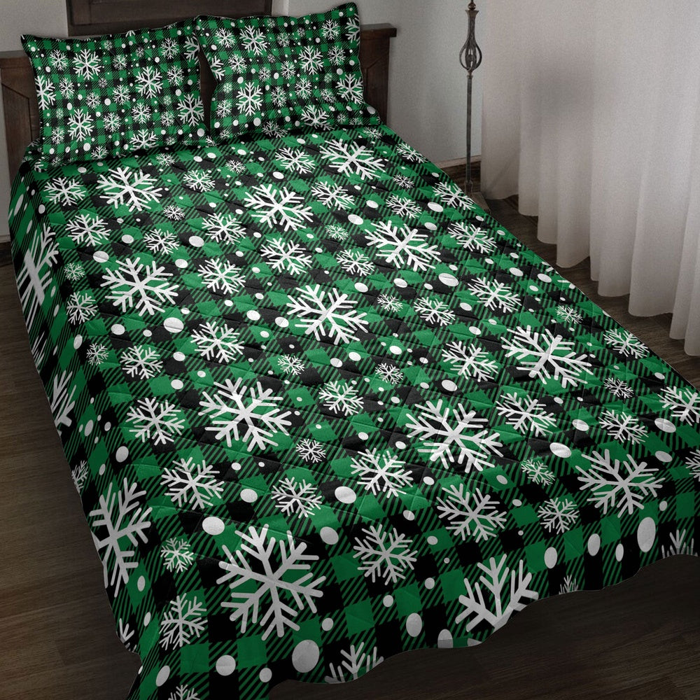 Christmas Quilt Set, Christmas Snowflake Green Grid White Buffalo Plaids Quilt Blanket