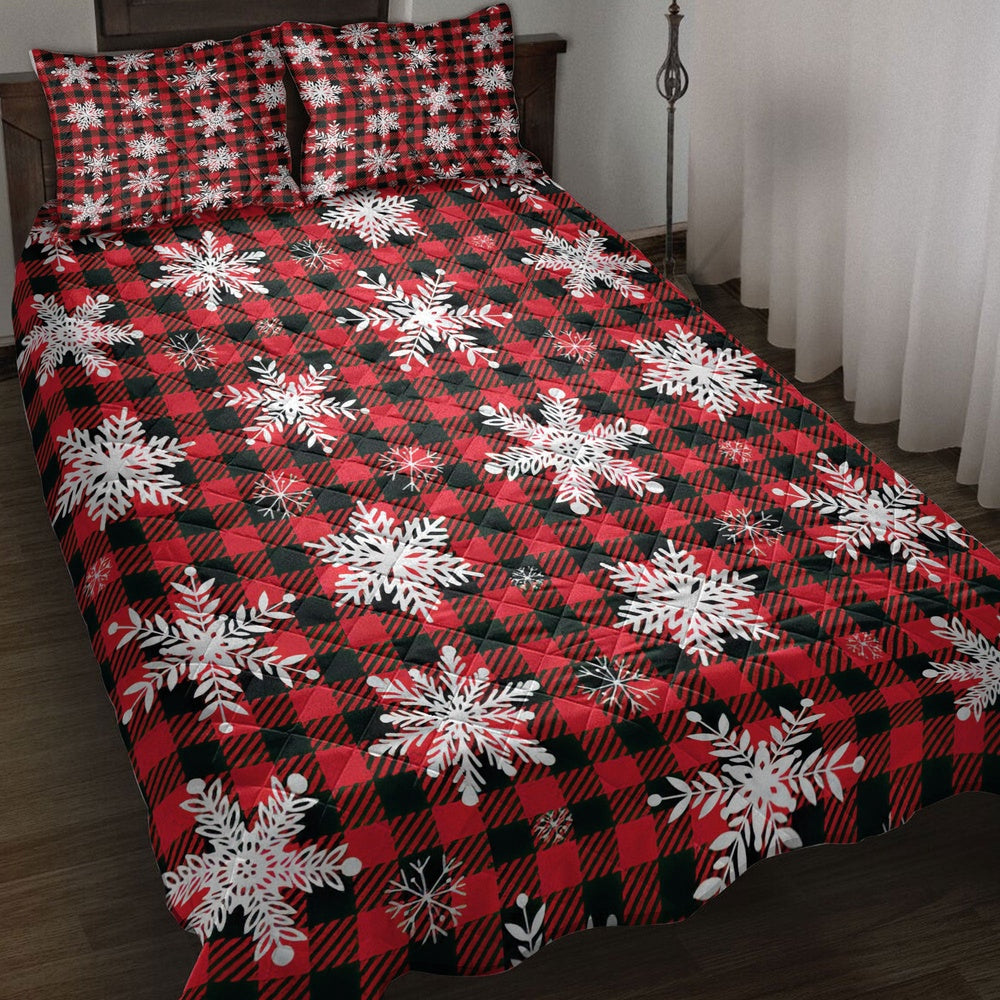 Christmas Quilt Set, Christmas Snowflake Red Buffalo Plaid Winter Holiday Quilt Blanket
