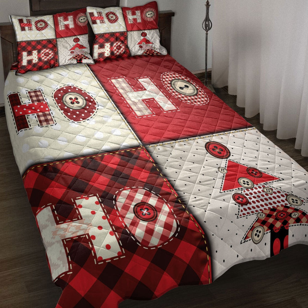 Christmas Quilt Set, Christmas Tree Hohoho Buffalo Red Plaid Xmas Holiday Quilt Blanket