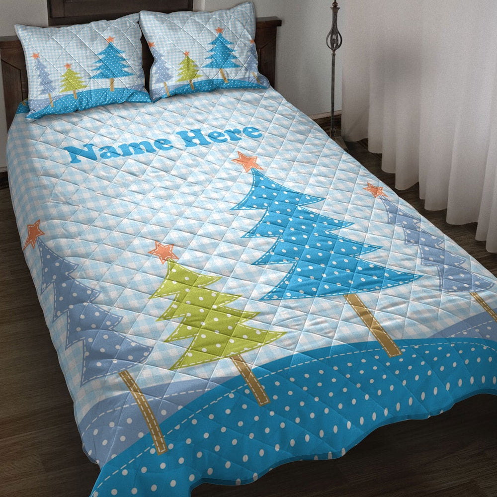 Christmas Quilt Set, Christmas Trees Patchwork Style Snowflake Xmas Holidays Quilt Blanket