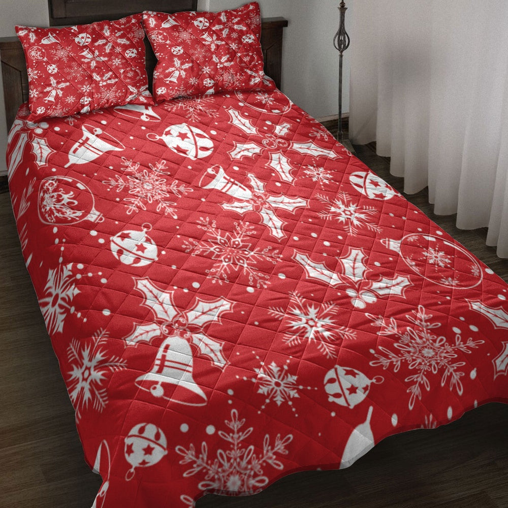 Christmas Quilt Set, Christmas With Snowflake Mistletoe Bell Redmass Quilt Blanket