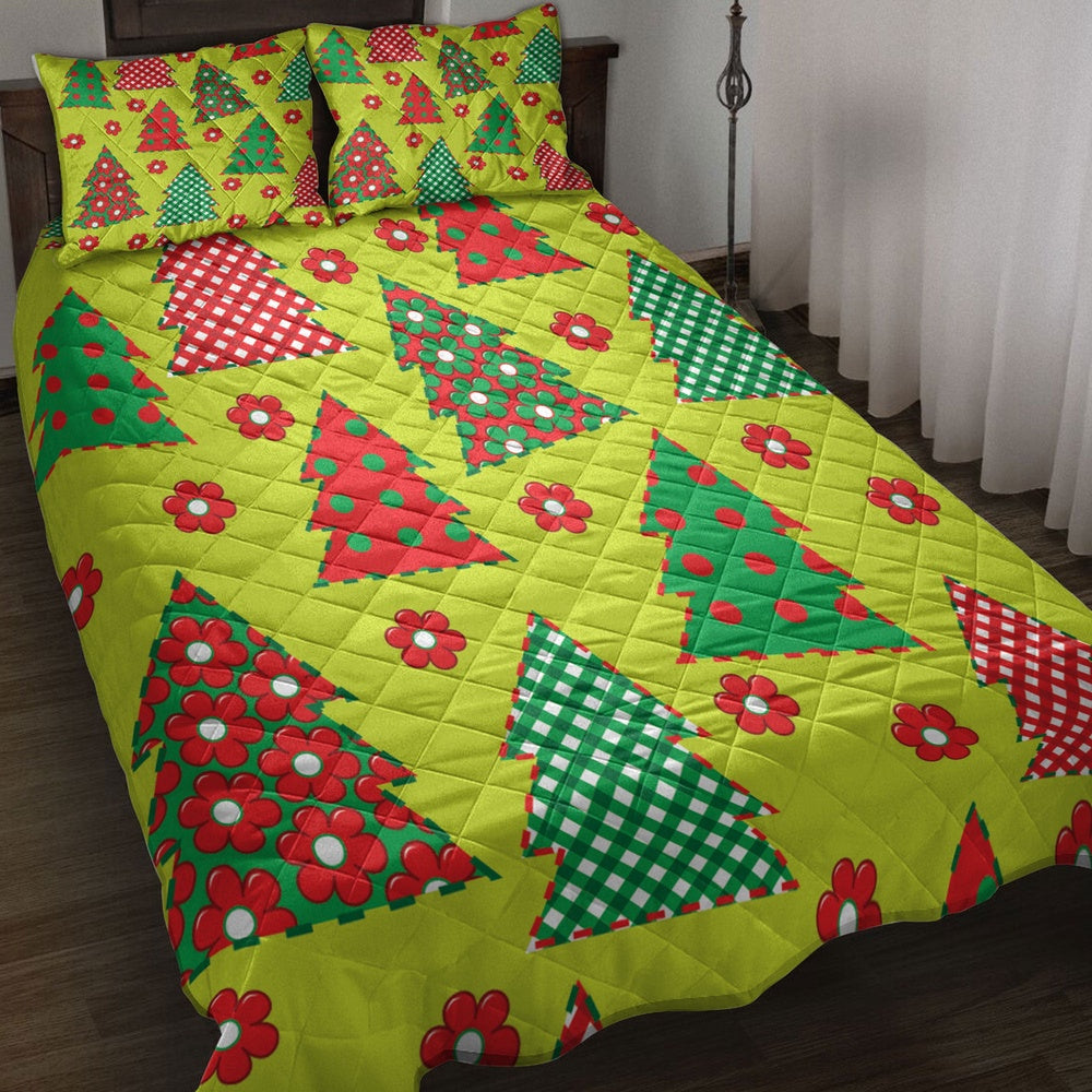 Christmas Quilt Set, Christmas Wrapping Paper Flower Red Plaid Xmas Holidays Quilt Blanket