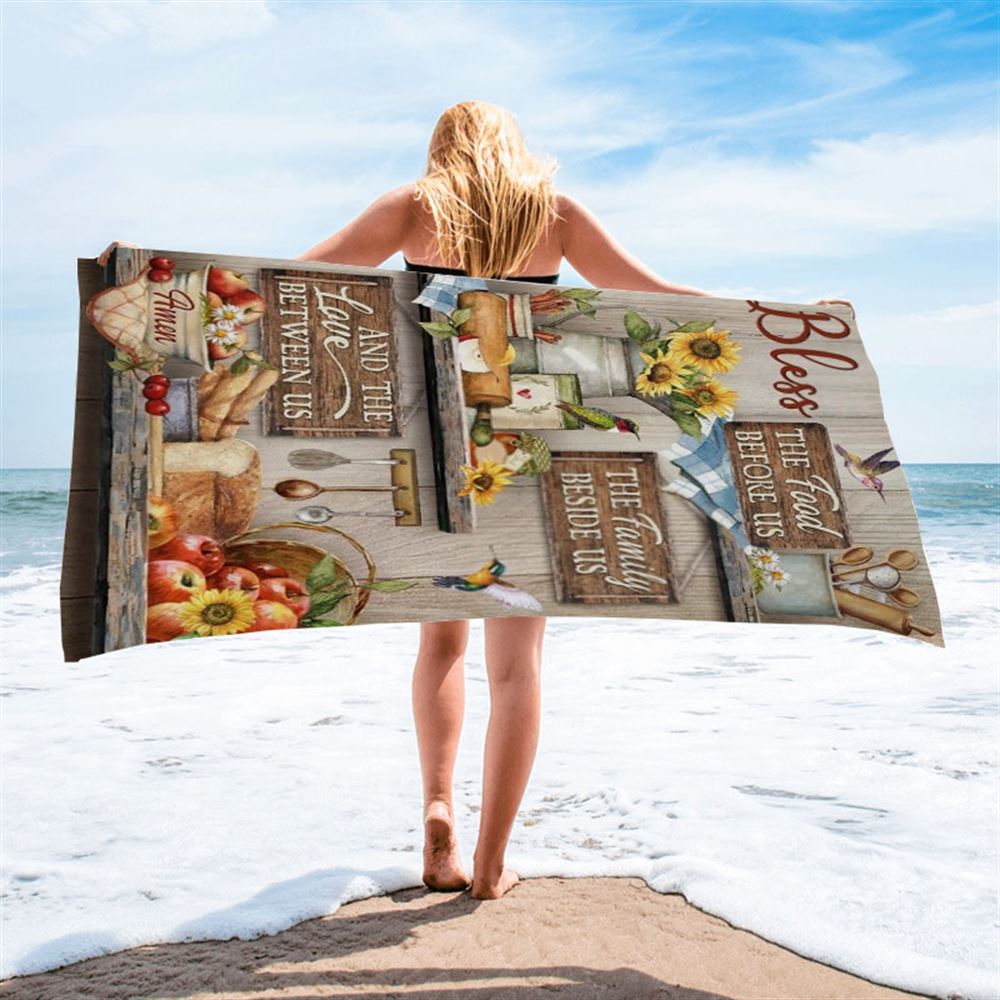 Colorful Kitchen, Hummingbird, Bless The Food Before Us Beach Towel, Christian Beach Towel, Christian Gift, Gift For Women