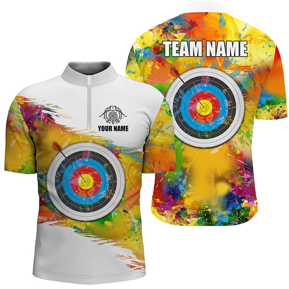 Colorful Target Archery Men Polo & Quarter-Zip Shirt Custom Archery Jerseys Attire For Archer, Archery Team Shirts, Custom Archery Shirts