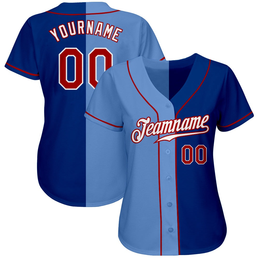 Cool Baseball Jersey, Custom Royal Red Light Blue Authentic Split Fashion Baseball Jersey, Best Baseball Jerseys