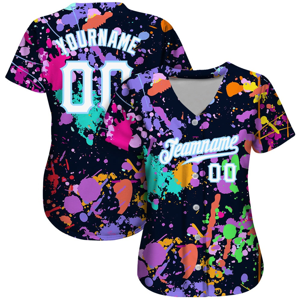 Cool Baseball Jersey, Custom Splashes Graffiti Pattern White Light Blue 3D Authentic Baseball Jersey, Best Baseball Jerseys