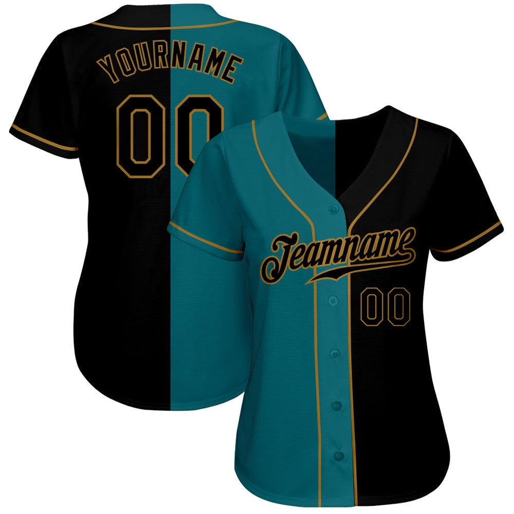 Cool Baseball Jersey, Custom Teal Black Old Gold Authentic Split Fashion Baseball Jersey, Best Baseball Jerseys