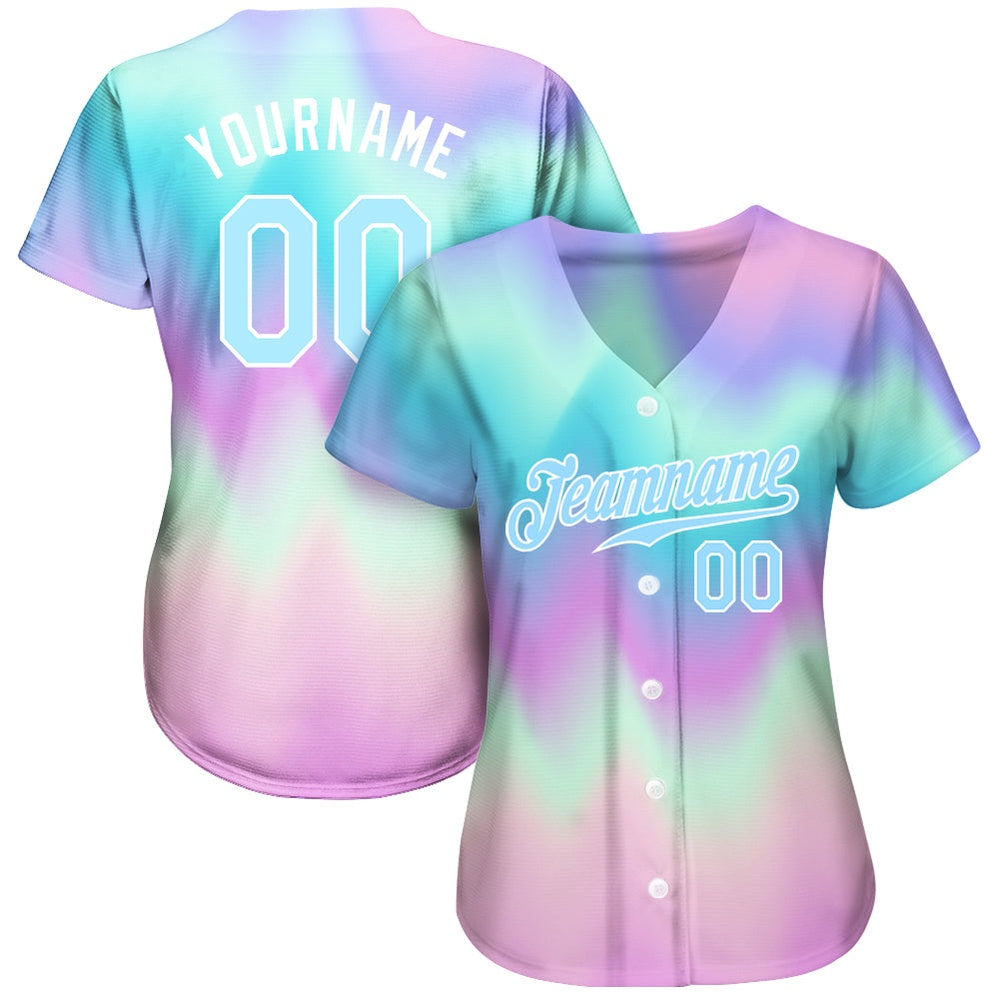 Cool Baseball Jersey, Custom Tie Dye Light Blue White 3D Authentic Baseball Jersey, Best Baseball Jerseys