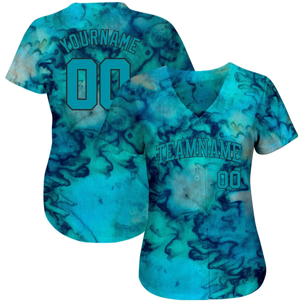 Cool Baseball Jersey, Custom Tie Dye Teal Black 3D Authentic Baseball Jersey, Best Baseball Jerseys