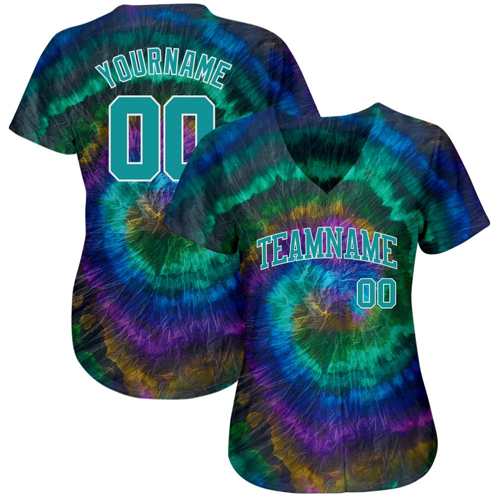 Cool Baseball Jersey, Custom Tie Dye Teal White 3D Authentic Baseball Jersey, Best Baseball Jerseys