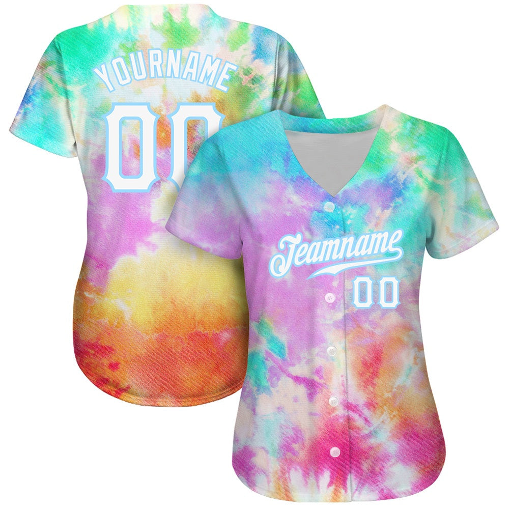 Cool Baseball Jersey, Custom Tie Dye White Light Blue 3D Rainbow Authentic Baseball Jersey, Best Baseball Jerseys
