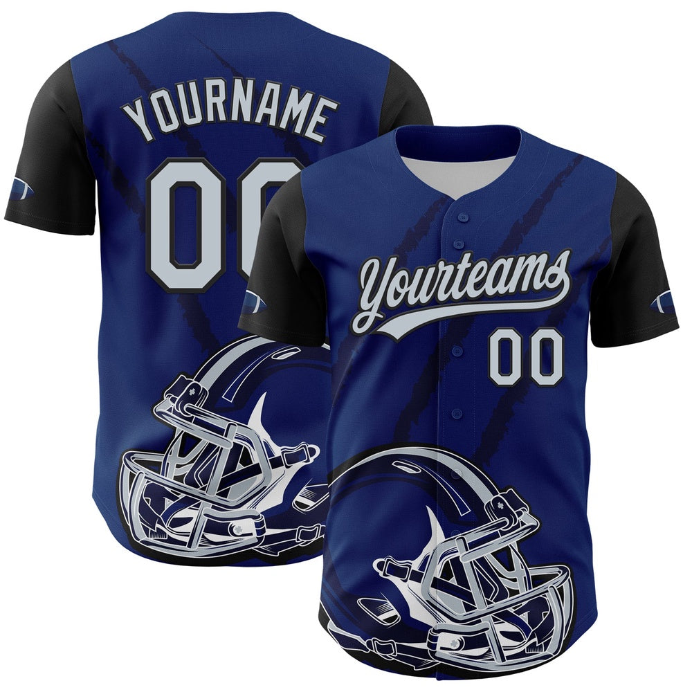 Cool Baseball Jersey, Custom US Navy Blue Silver Black 3D Pattern Design Football Helmet And Animal Claw Authentic Baseball Jersey