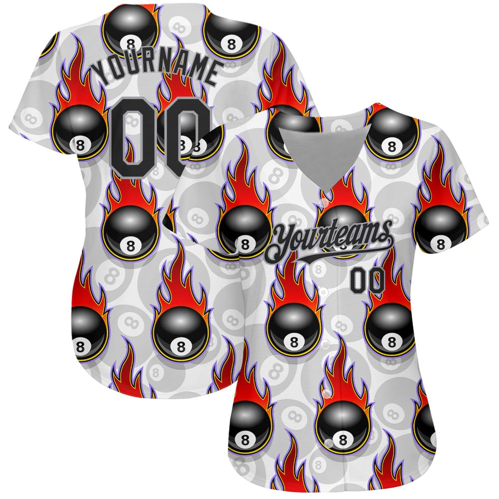Cool Baseball Jersey, Custom White Black Gray 3D Pattern Design Flaming Billiards Snooker 8 Ball Authentic Baseball Jersey