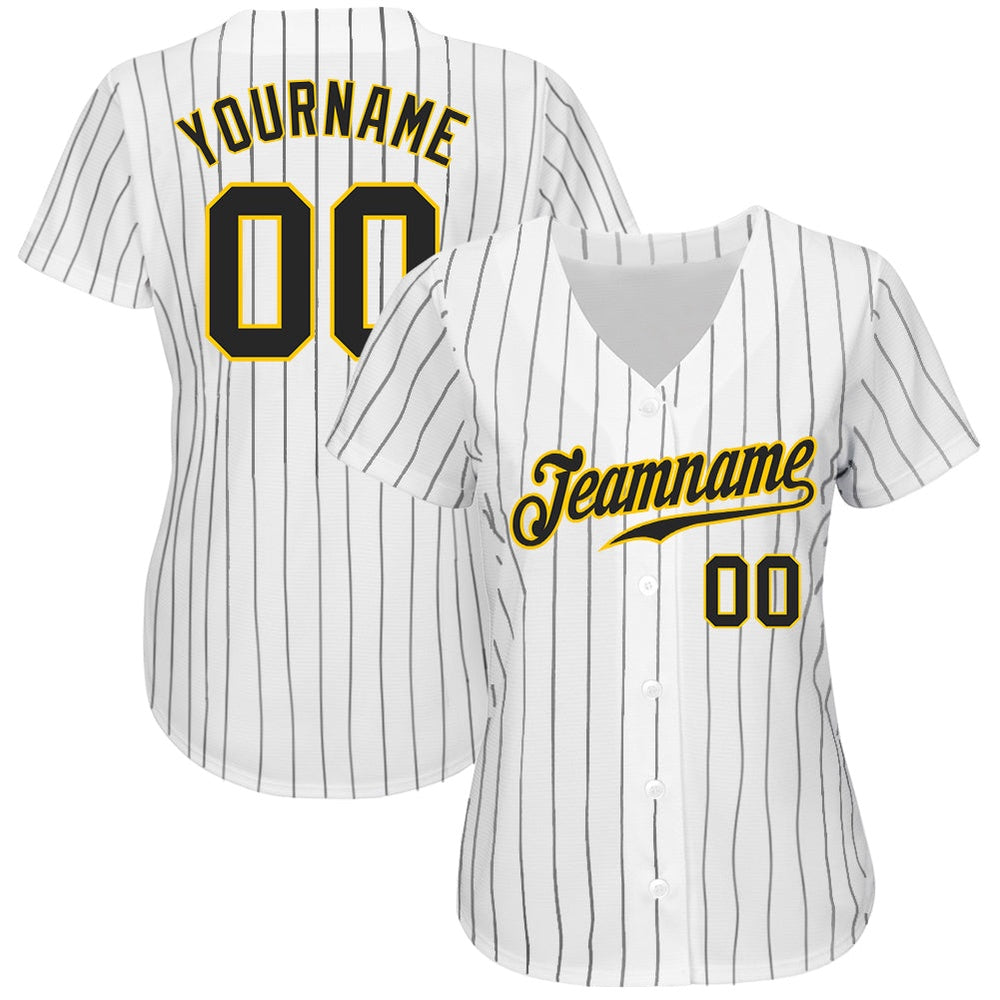 Cool Baseball Jersey, Custom White Black Pinstripe Black Gold Authentic Baseball Jersey, Best Baseball Jerseys