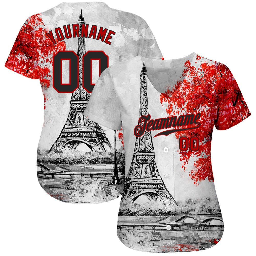 Cool Baseball Jersey, Custom White Black Red 3D Pattern Design Eiffel Tower Authentic Baseball Jersey, Best Baseball Jerseys