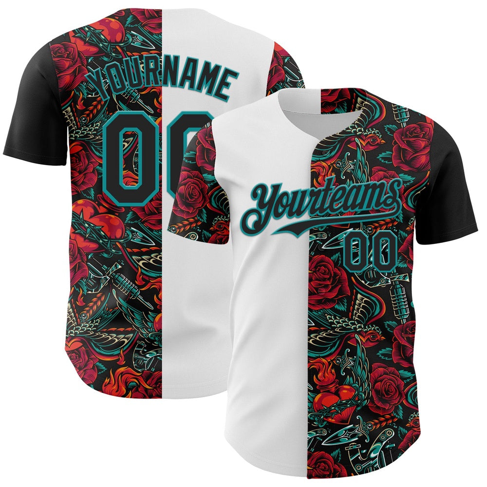 Cool Baseball Jersey, Custom White Black Teal 3D Pattern Design Vintage Tattoos Authentic Baseball Jersey, Best Baseball Jerseys