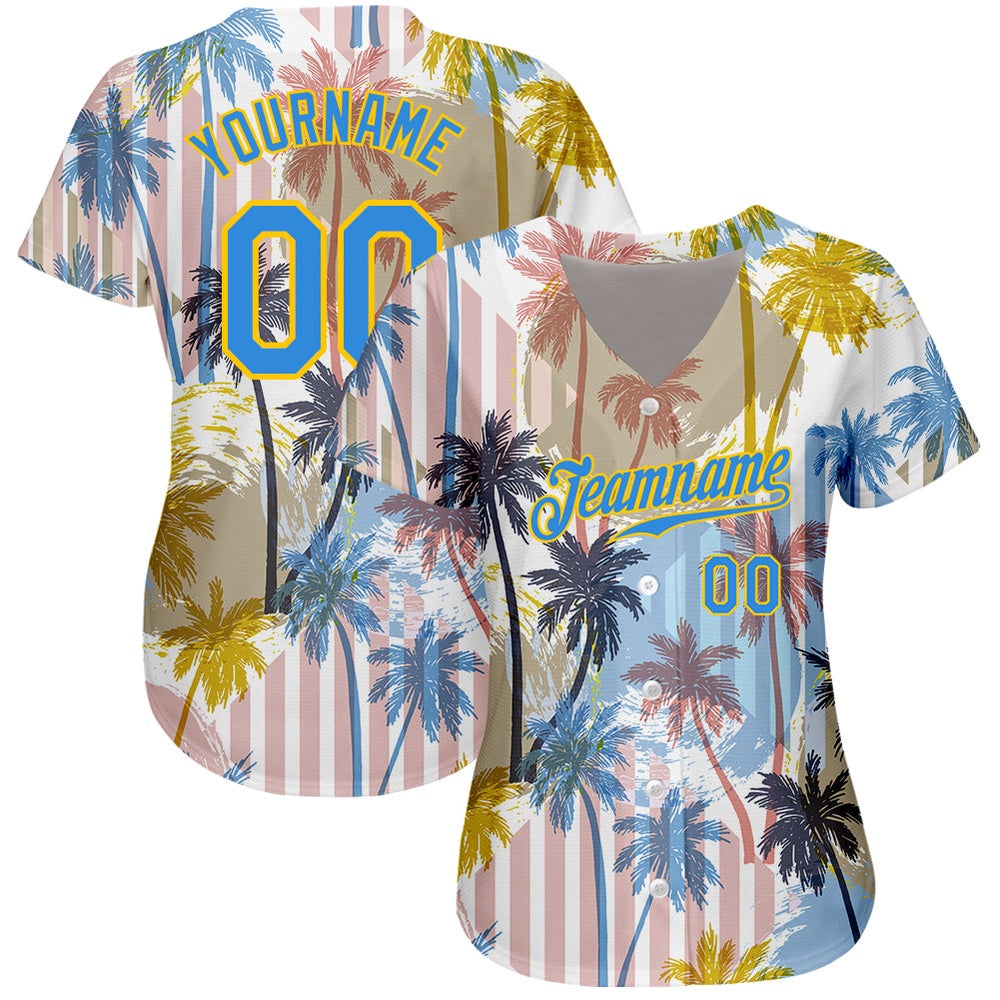 Cool Baseball Jersey, Custom White Electric Blue Yellow 3D Pattern Design Hawaii Coconut Palms Authentic Baseball Jersey