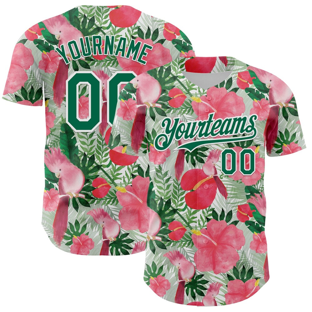 Cool Baseball Jersey, Custom White Kelly Green 3D Pattern Design Tropical Plant And Bird Authentic Baseball Jersey, Best Baseball Jerseys