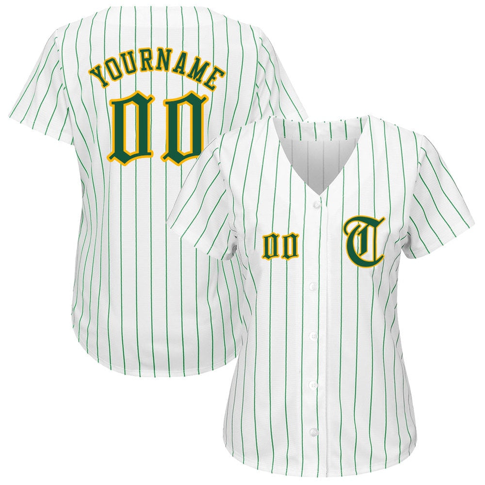 Cool Baseball Jersey, Custom White Kelly Green Pinstripe Kelly Green Gold Authentic Baseball Jersey, Best Baseball Jerseys