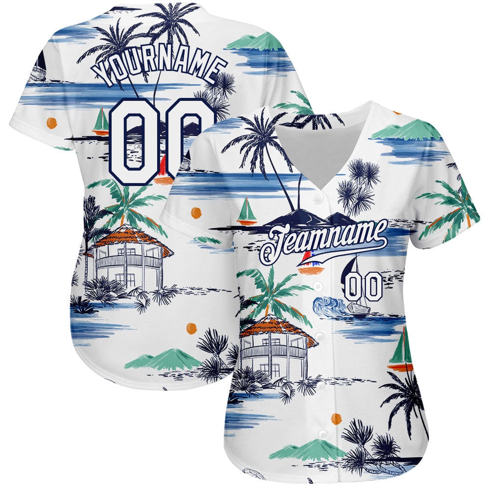 Cool Baseball Jersey, Custom White Navy 3D Pattern Design Hawaii Palm Trees Island And Sailboat Authentic Baseball Jersey