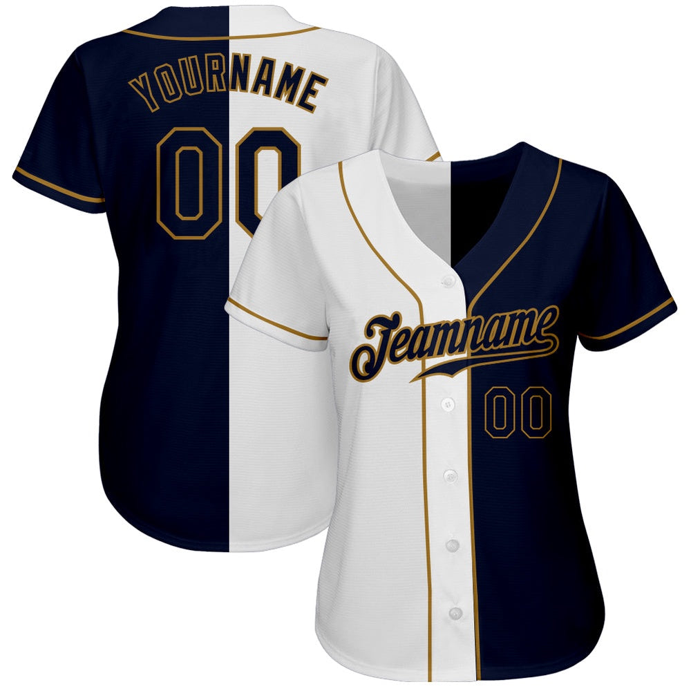 Cool Baseball Jersey, Custom White Navy Old Gold Authentic Split Fashion Baseball Jersey, Best Baseball Jerseys