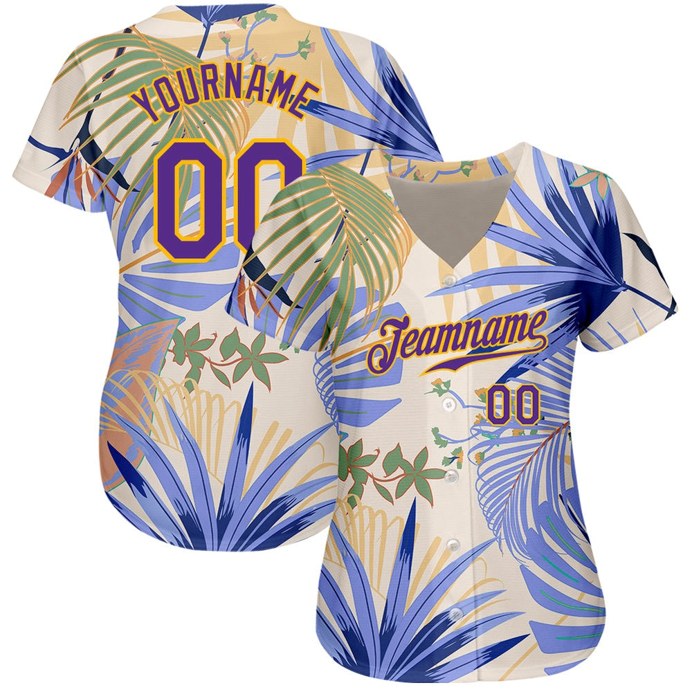 Cool Baseball Jersey, Custom White Purple Gold 3D Pattern Design Hawaii Palm Leaves And Flowers Authentic Baseball Jersey