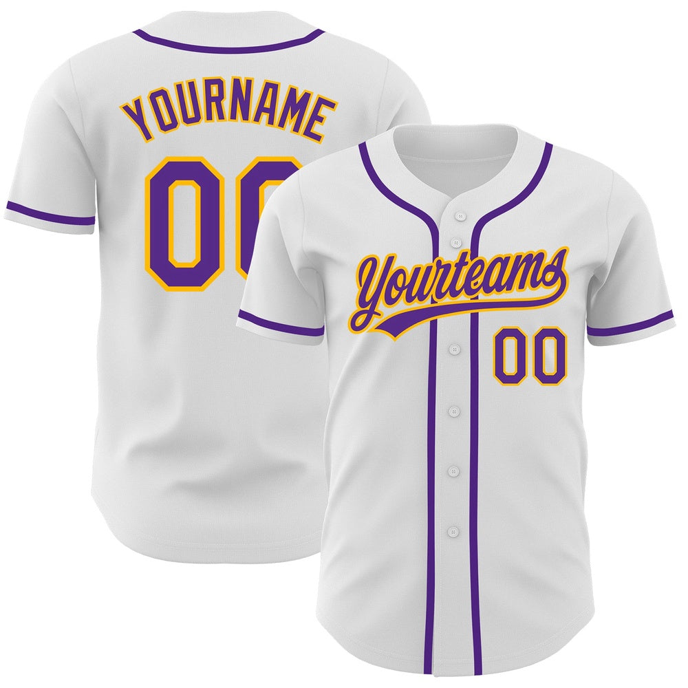 Cool Baseball Jersey, Custom White Purple Gold Authentic Baseball Jersey, Best Baseball Jerseys