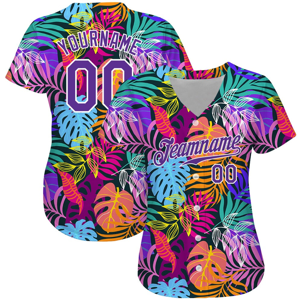 Cool Baseball Jersey, Custom White Purple White 3D Pattern Design Hawaii Palm Trees Authentic Baseball Jersey, Best Baseball Jerseys