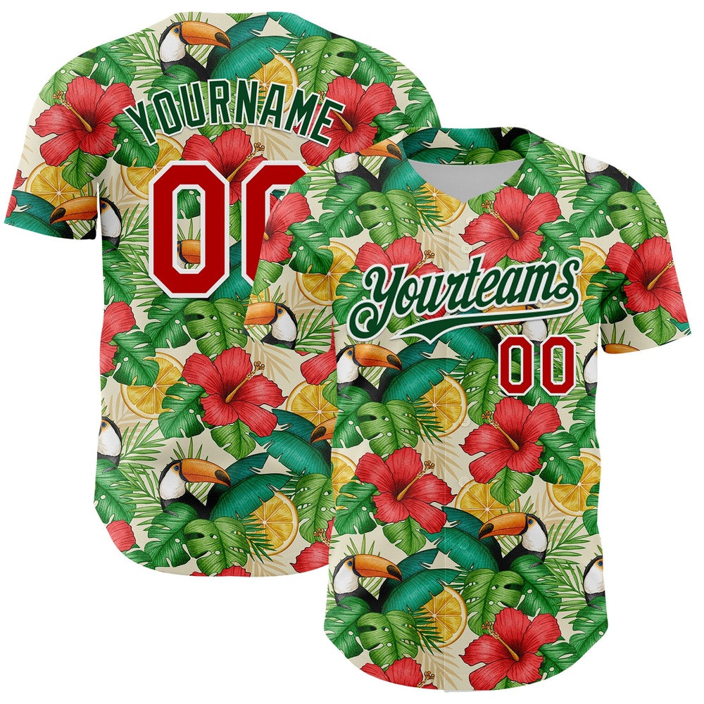 Cool Baseball Jersey, Custom White Red Green 3D Pattern Design Tropical Plant And Bird Authentic Baseball Jersey, Best Baseball Jerseys