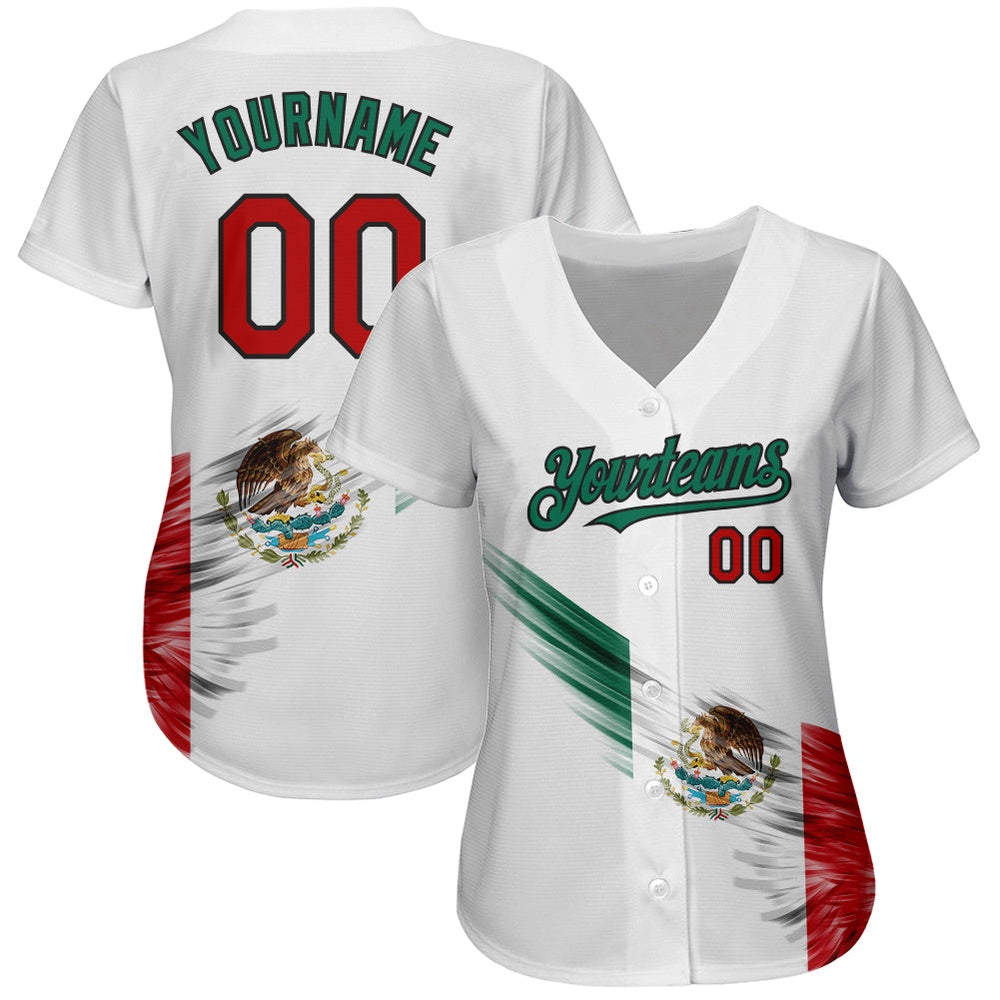 Cool Baseball Jersey, Custom White Red Kelly Green Black 3D The Abstract Wing With Mexican Flag Authentic Baseball Jersey
