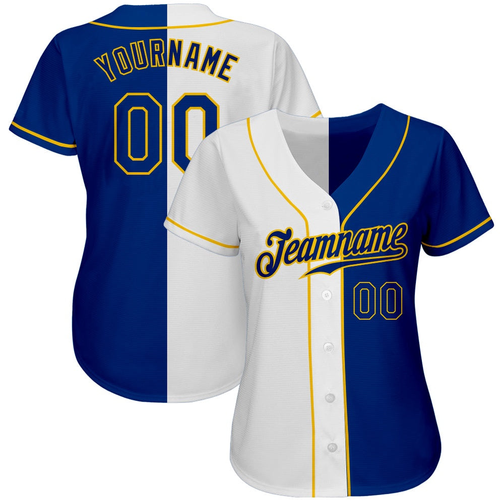 Cool Baseball Jersey, Custom White Royal Gold Authentic Split Fashion Baseball Jersey, Best Baseball Jerseys