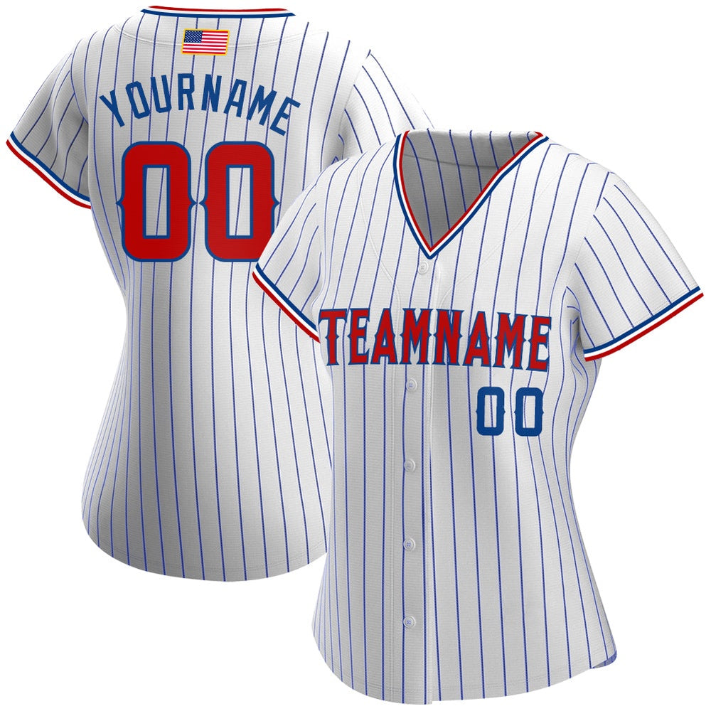 Cool Baseball Jersey, Custom White Royal Pinstripe Red Royal Authentic American Flag Fashion Baseball Jersey, Best Baseball Jerseys