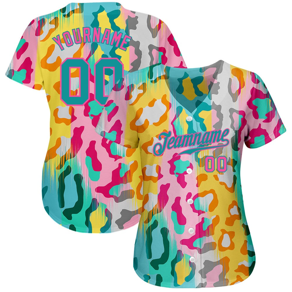 Cool Baseball Jersey, Custom White Teal Pink 3D Pattern Design Leopard Authentic Baseball Jersey, Best Baseball Jerseys