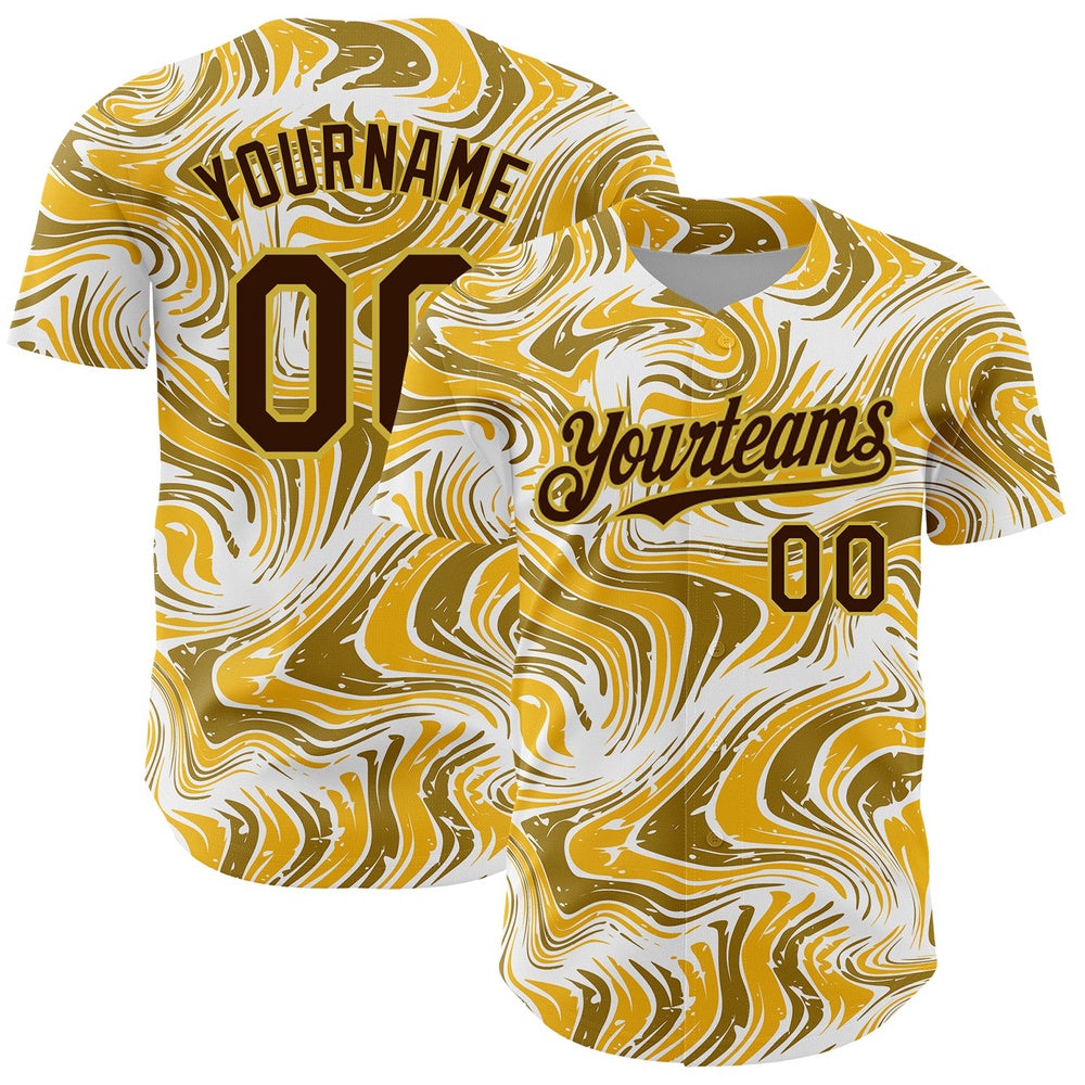 Cool Baseball Jersey, Custom Yellow Brown Old Gold 3D Pattern Design Abstract Fluid Authentic Baseball Jersey, Best Baseball Jerseys