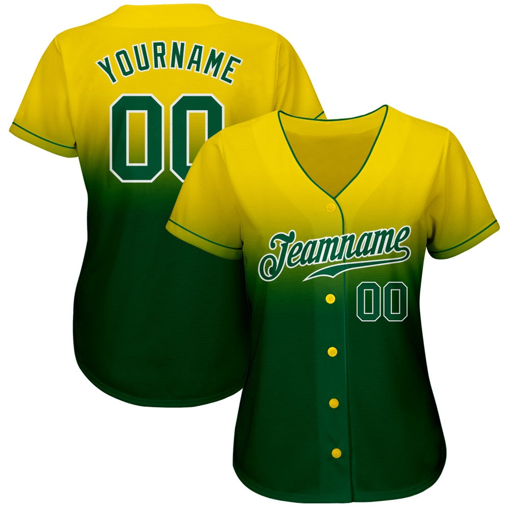 Cool Baseball Jersey, Custom Yellow Kelly Green White Authentic Fade Fashion Baseball Jersey, Best Baseball Jerseys