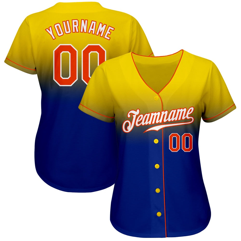 Cool Baseball Jersey, Custom Yellow Orange Royal Authentic Fade Fashion Baseball Jersey, Best Baseball Jerseys