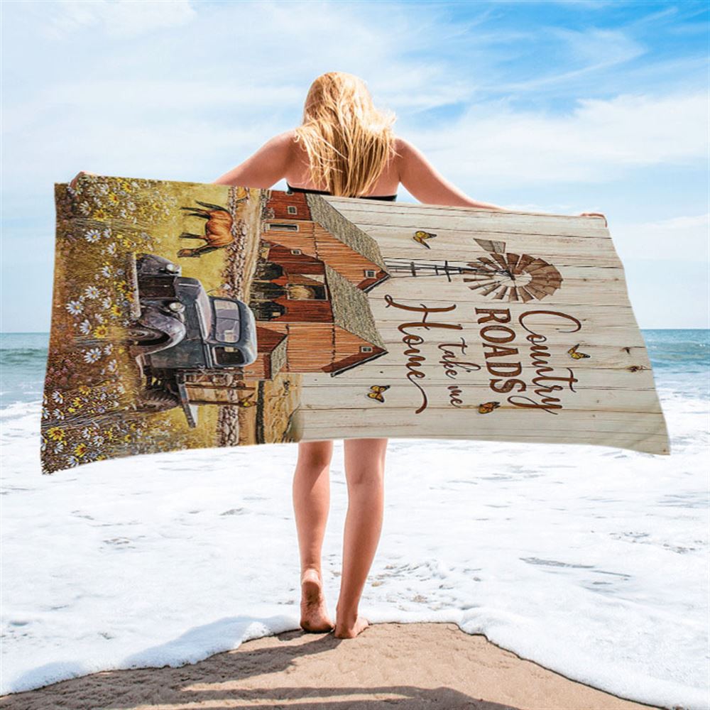 Country Roads Take Me Home Ladybug Car Horse Beach Towel - Christian Wall Beach Towel - Gift For Horse Lover