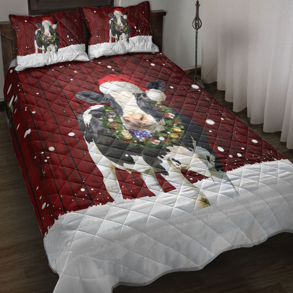 Cow Quilt Set, Cow With Wreathmas Farm Cow Quilt Blanket