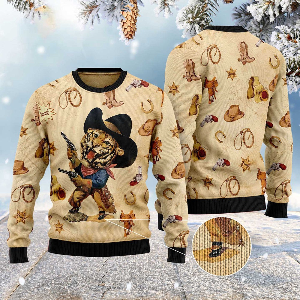 Cowboy Tiger Ugly Christmas Sweater, Funny Xmas Sweater, Sweater Xmas