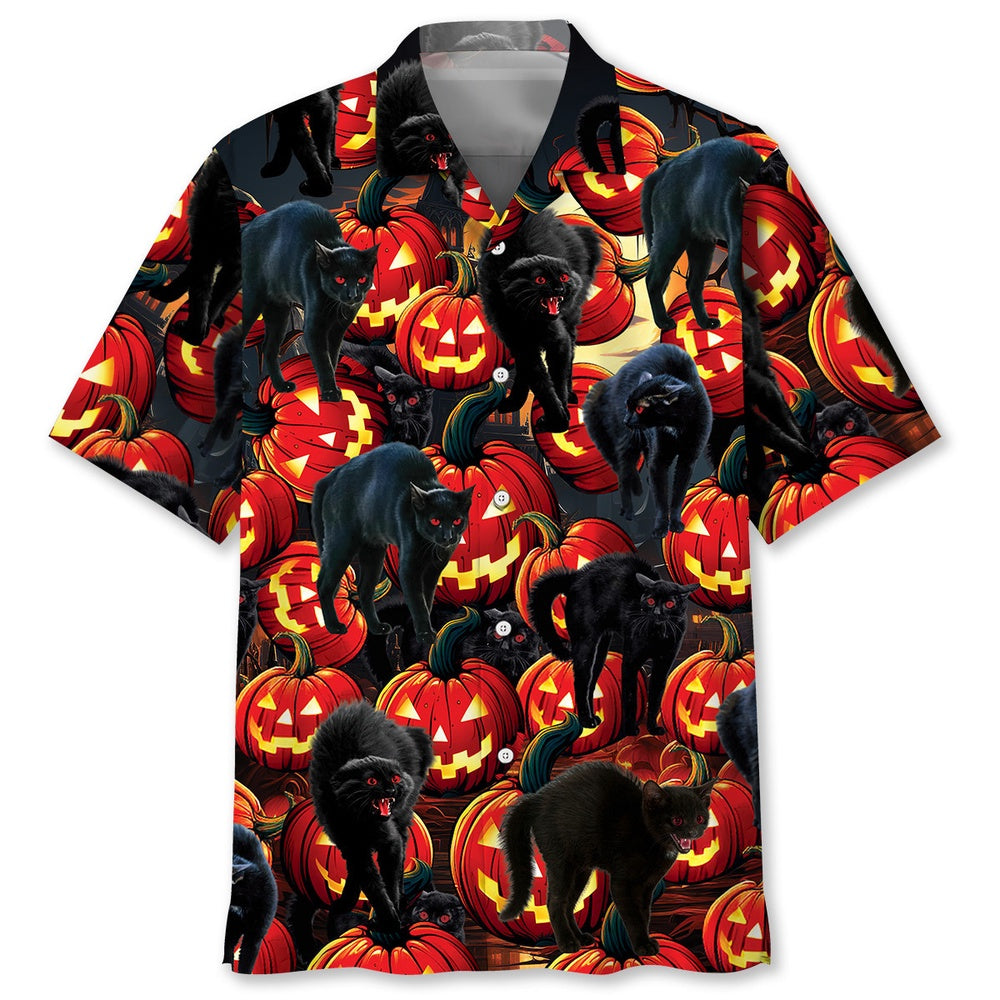 Creepy Black Cat Pumpkins Hawaiian Shirt, Cat Hawaiian Shirt, Funny Hawaiian Shirts