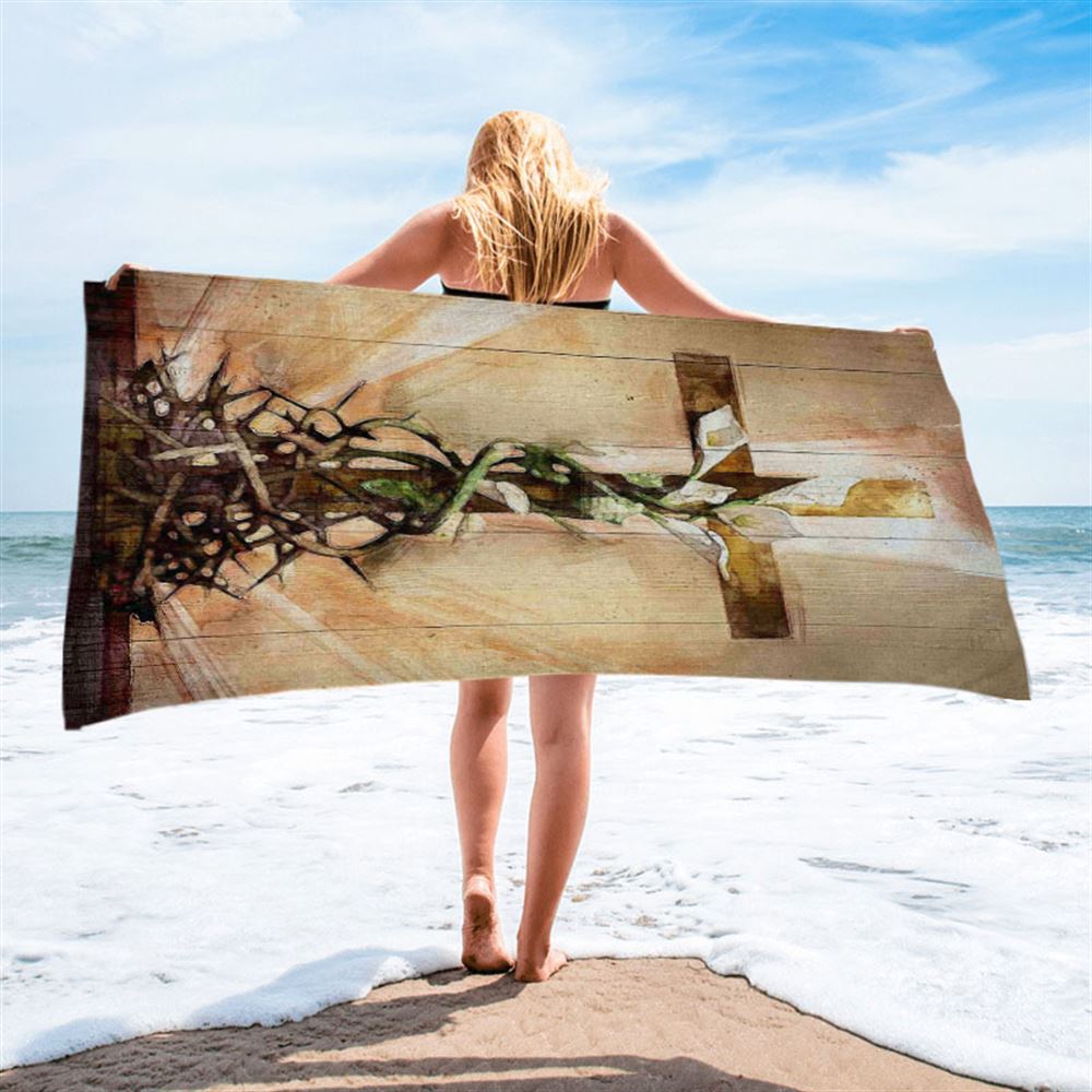 Cross And Lily Beach Towel - Christian Wall Beach Towel - Religious Beach Towel