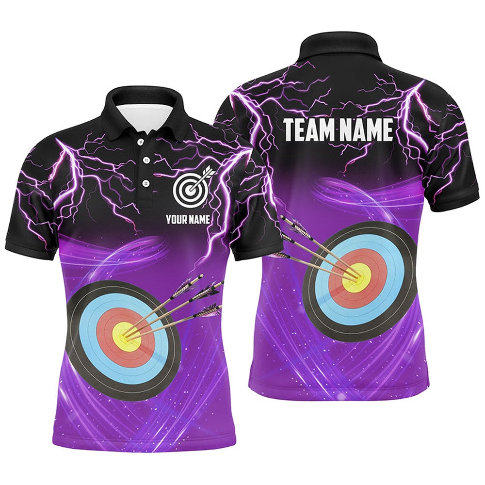 Custom Archery Target Thunder Lightning Polo Shirts For Men, Best Archery Team Shirts Purple, Archery Team Shirts, Custom Archery Shirts