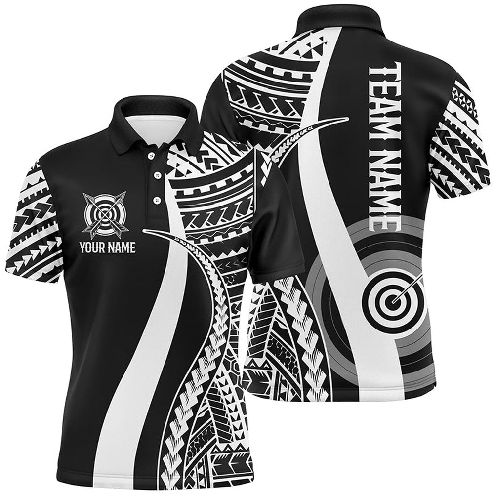 Custom Black White Tribal Pattern Archery Polo Shirts For Men, Archery Game Shirts For Team, Archery Team Shirts, Custom Archery Shirts