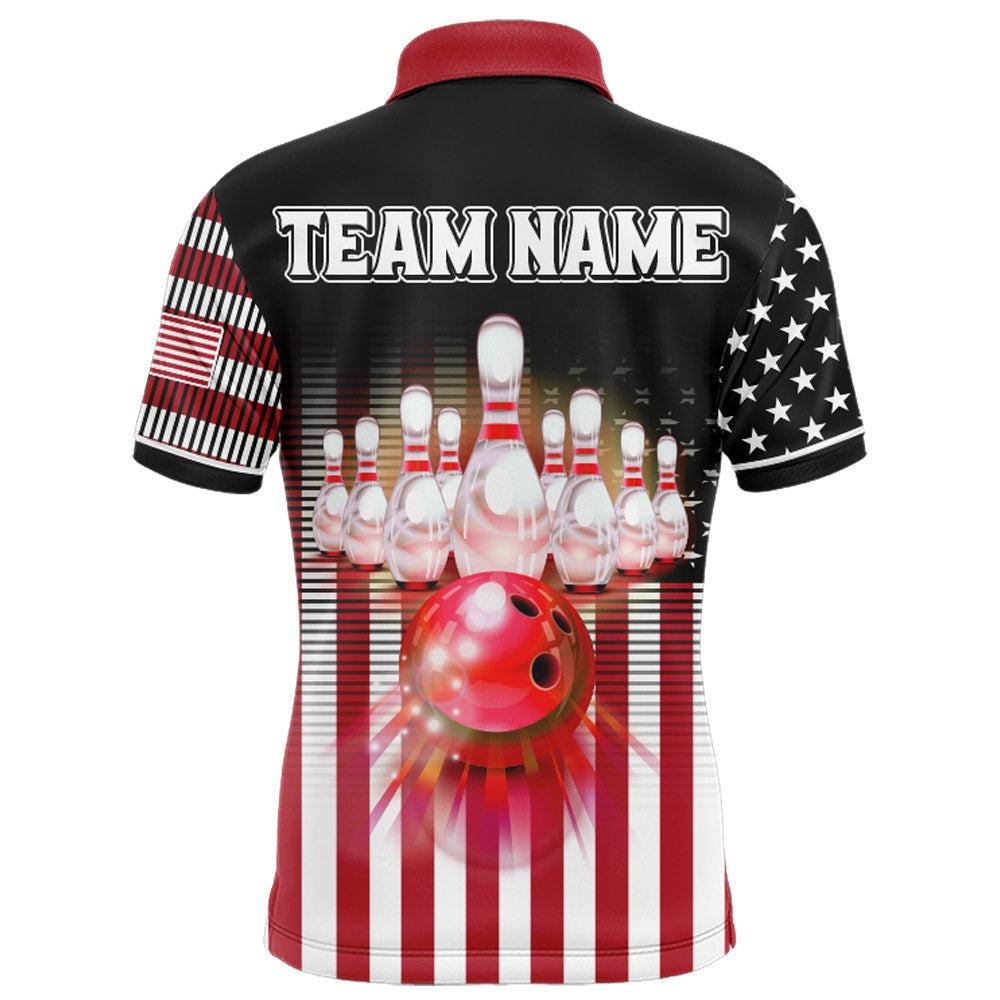 Custom Bowling Polo Shirts, American Bowling Jersey Men Custom Black Bowling Polo Shirt Team Patriot Bowling Shirt