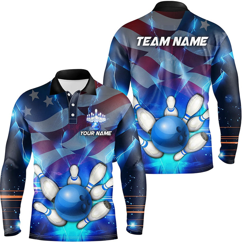 Custom Bowling Polo Shirts, American Flag Blue Custom Bowling Polo Shirts For Men Patriotic Bowling Team League Jerseys