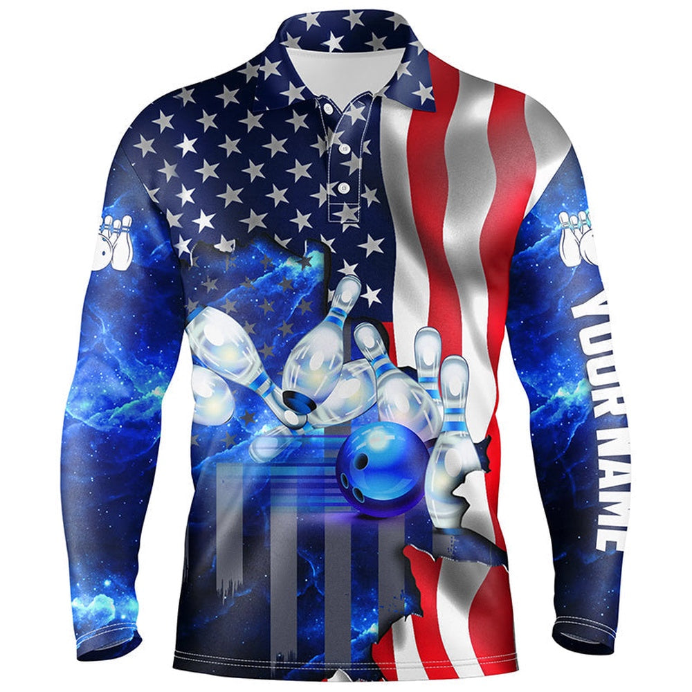 Custom Bowling Polo Shirts, American Flag Blue Galaxy Custom Bowling Polo Shirts For Men Patriotic Bowling Team League Jerseys