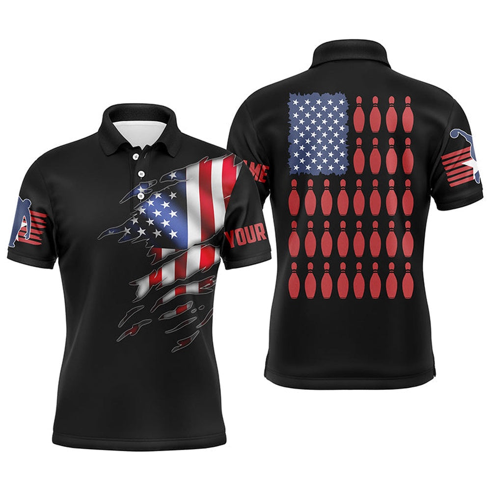 Custom Bowling Polo Shirts, American Flag Custom Bowling Shirts For Men, Personalized Patriotic Bowling Gifts