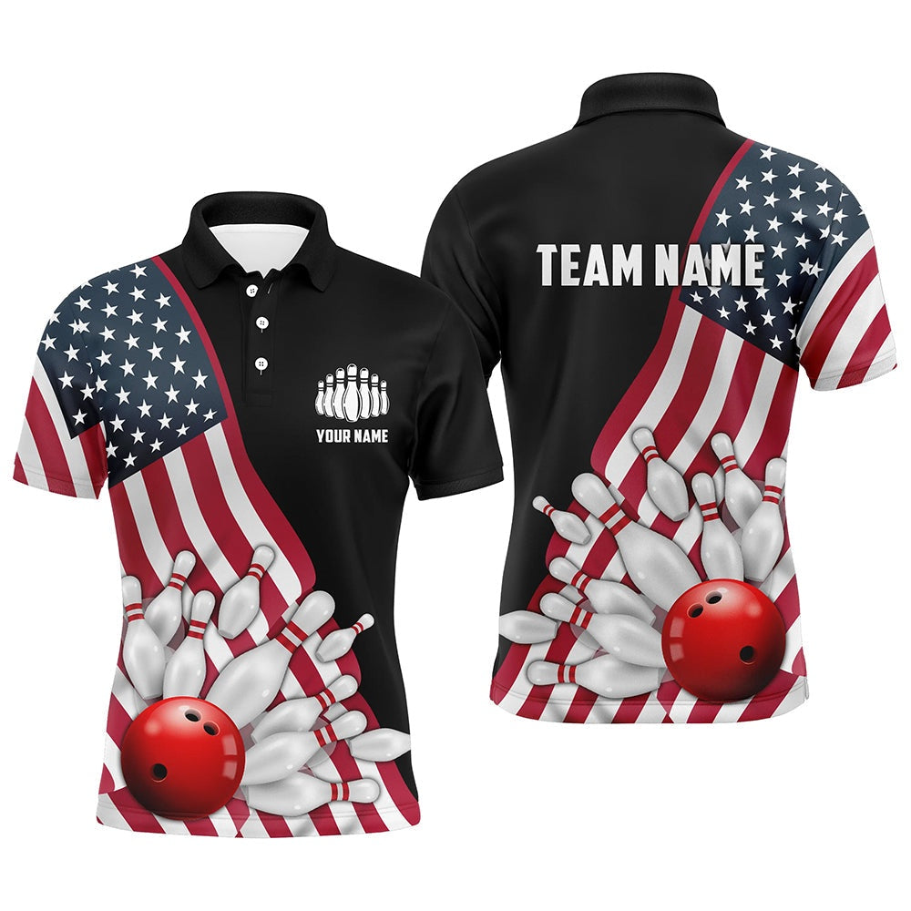 Custom Bowling Polo Shirts, American Flag Custom Men'S Bowling Polo Shirts, Patriotic Strike Bowling Team Jerseys
