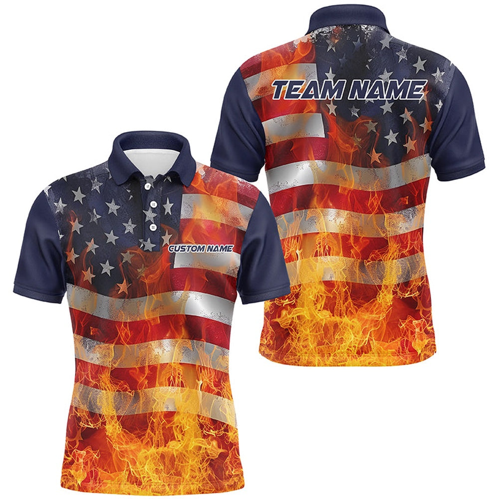 Custom Bowling Polo Shirts, American Flag Flame Custom Unisex Bowling Team Shirts, Patriotic Bowling Team Jerseys